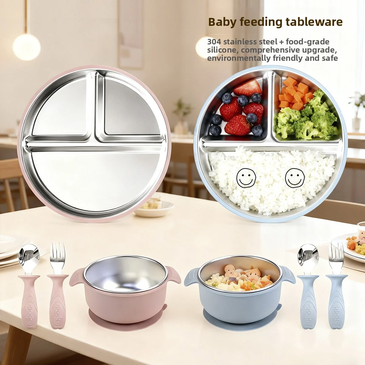 A Set of Children's Feeding Utensils, Including 2 Stainless Steel Plates, 2 Stainless Steel Bowls, and 2 Pairs of Stainless Steel Forks and Spoons, Bpa-Free, Easy to Clean, Heat-Resistant, Ideal for the Kitchen and Living Room, Perfect for Holiday Gifts