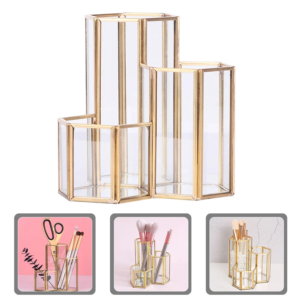 

Makeup Brush Holder Organizer Glass Transparent Pen Holder for Vanity Desk Nordic Style Alloy Frame 3 Grid Storage Bucket