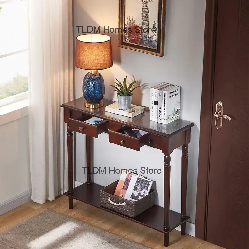 American Solid Wood Console Table Household Entry Hallway Table Retro Living Room Furniture Entrance Console Cabinet with Drawer image 5