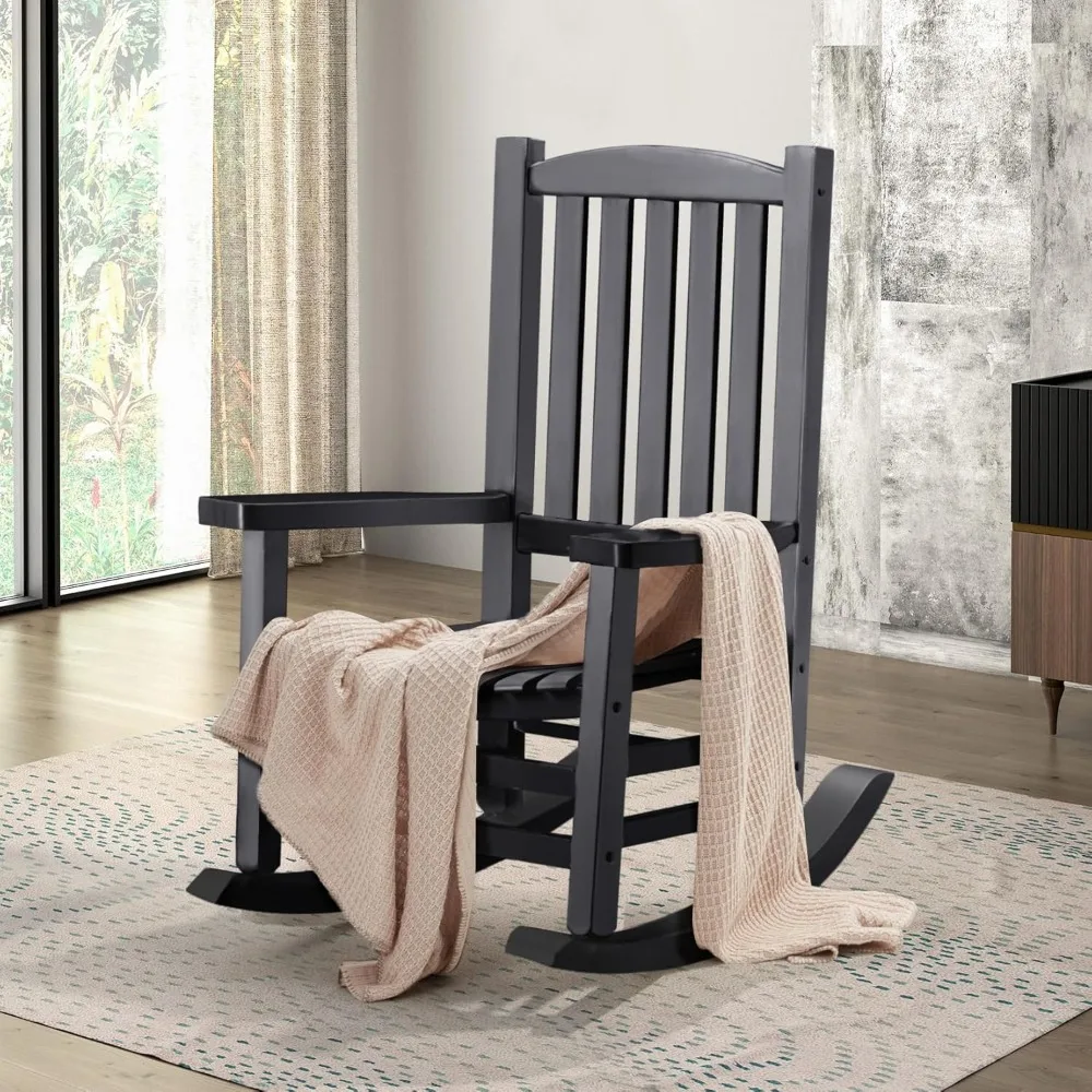 Oversized Wooden Rocking Chair, High Back Patio Rocker, All-Weather Slatted Design, Supports 400 lbs, Black