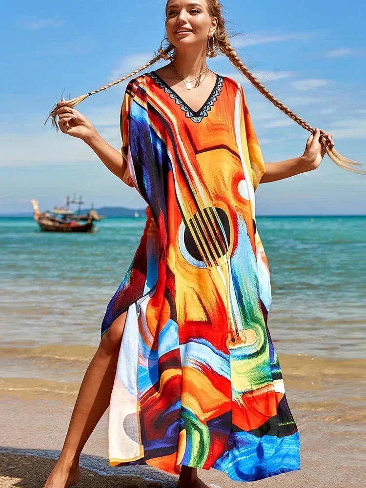 

2025 new Color Block Beach Cover-Ups Women Robe Printed V-Neck Plus Size Beach Long Dress Summer Fashion Swimsuit Cover Up