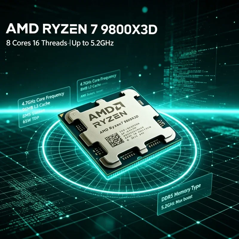 AMD Ryzen 7 9800X3D 1440p 1080p Gaming CPU 8 Core 16 Thread 96MB L3 Cache 5.2GHz Boost AM5 DDR5 4nm Desktop Processor