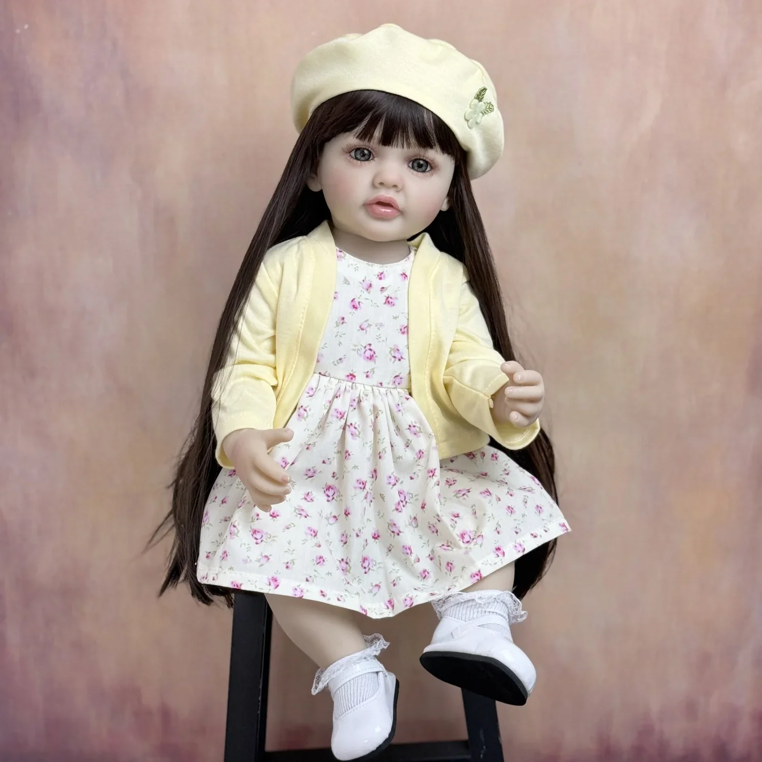 bzdoll-55-cm-full-vinyl-body-reborn-baby-doll-toy-dress-up-brown-long-hair-princess-toddler-sweet-doll-fashion-birthday-gift