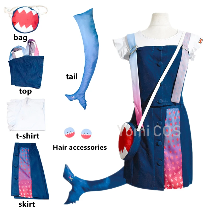 Virtual YouTuber Gawr Gura Catshark Casual Outfit Cosplay Costume Halloween Cute Cos Suit Full Set with Tail Kawaii Cosplay