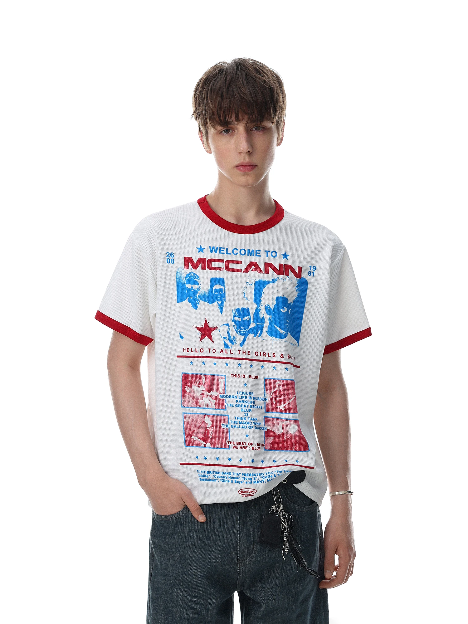 MRNEARLY American Retro Short Sleeve T-Shirt Unisex round Neck Loose Top Fashionable Color Block Print Casual Wear Polyester