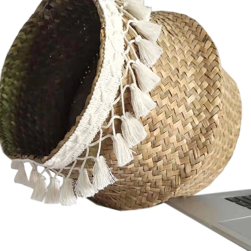 Tassel Macrame Woven Seagrass Belly Basket for Storage Decoration Picnic Plant Basin Cover Groceries and Toy Storage