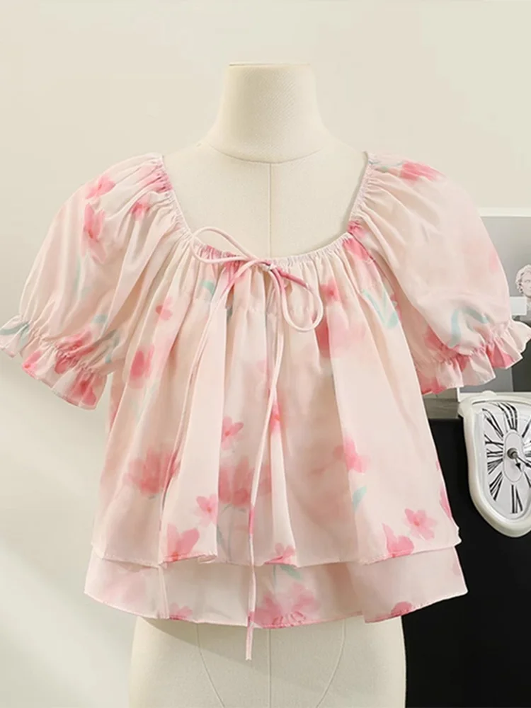 

ZANZEA Summer Floral Printed Tops Chiffon Blusas Women Vintage Short Puff Sleeve Lepel Neck Tunics 2025 Casual Lace-Up Pullover