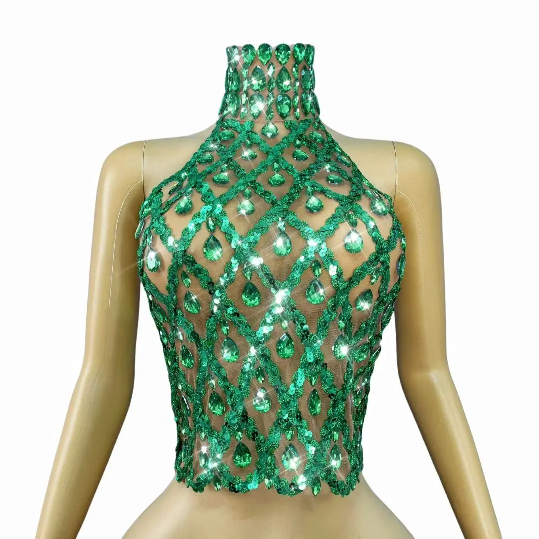 Shaokaojia-corsé ajustado con diamantes de imitación, color azul brillante, Sexy, sin espalda, transparente, Top corto de malla, traje de actuación de bailarina de Bar