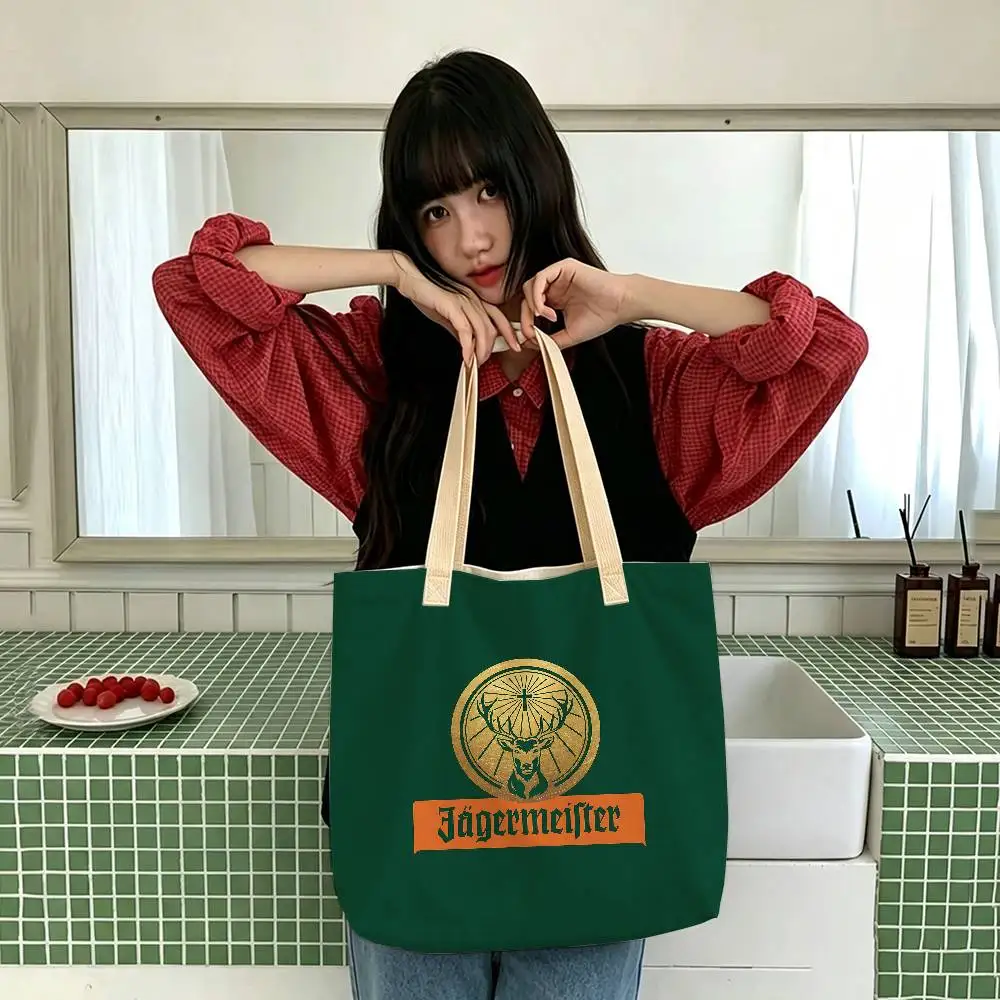 Fashion Drinks J-Jagermeister pattern printed canvas tote bag, suitable for daily use, shopping, school, and travel
