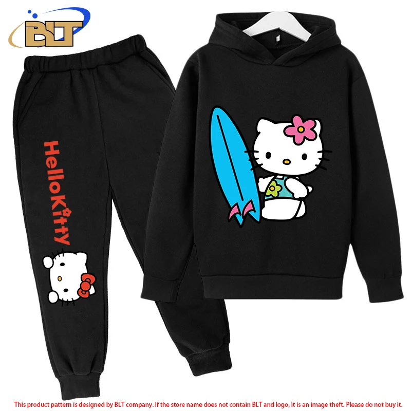 HeIIoKitty children's fleece hoodie set black sports sweatshirt pants 2-piece set suitable for boys and girls