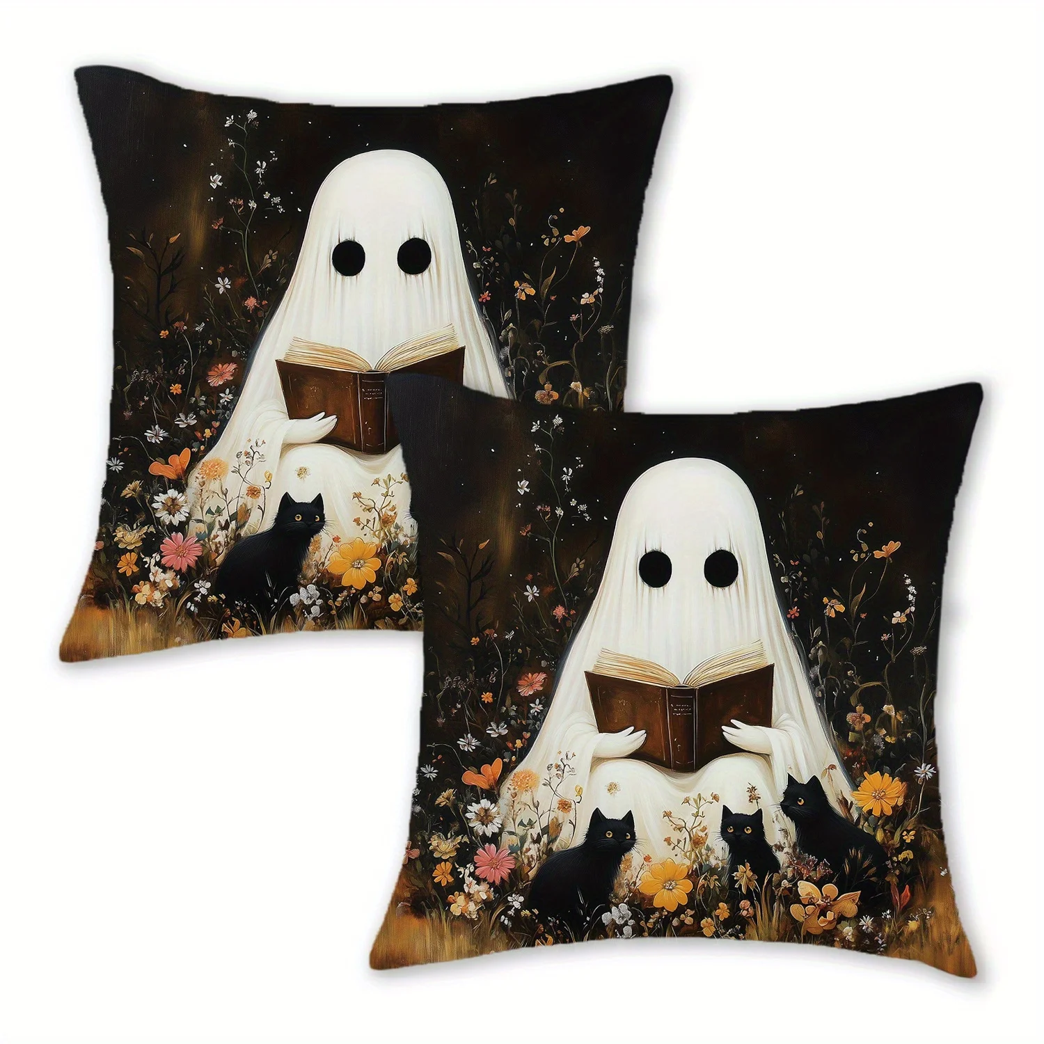 2pcs Gothic Fantasy Throw Pillow Covers 18x18 Inch, Short Plush Polyester with Zipper Vintage Style Floral and Ghost Cat Design