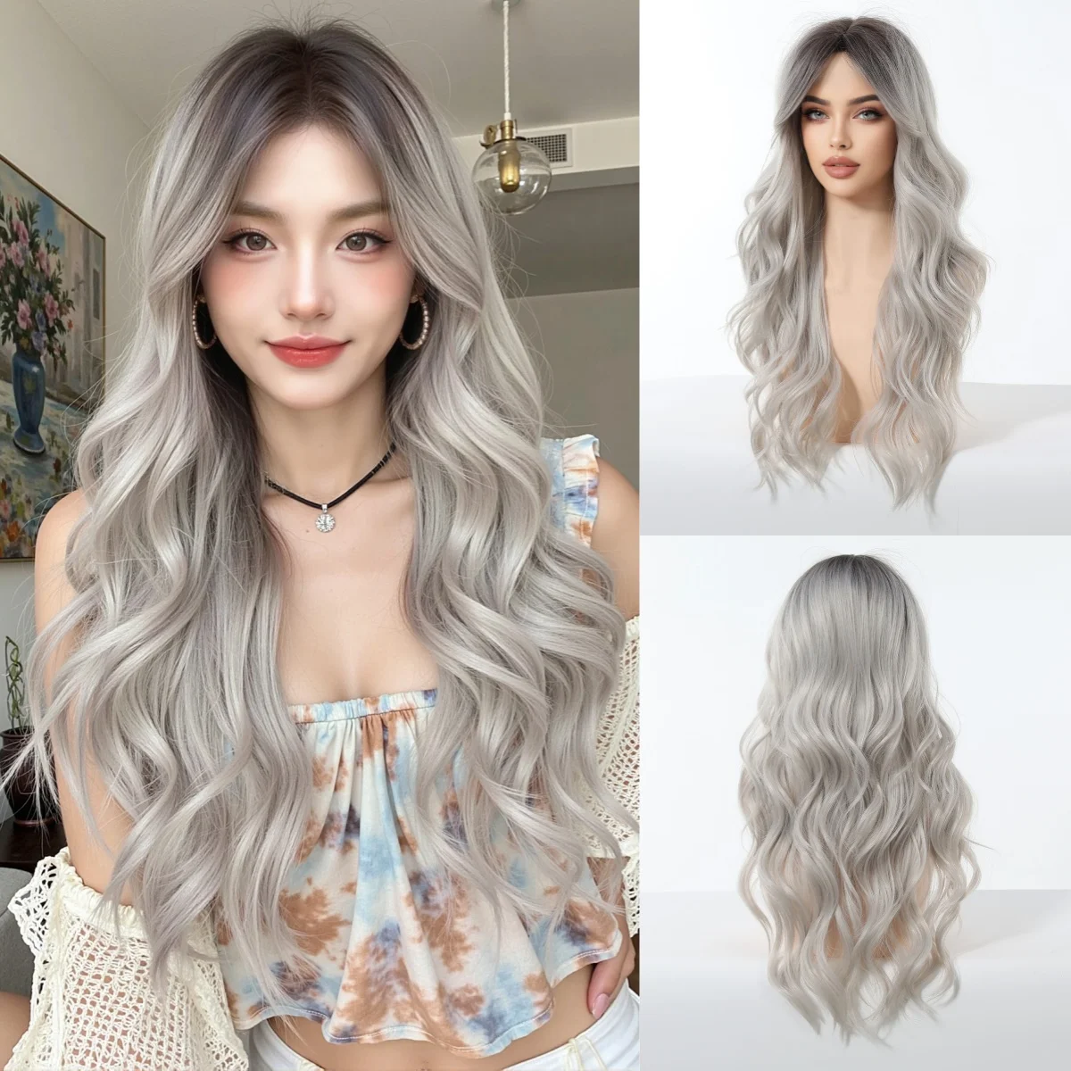 Allbell Magique – perruques synthétiques grises ombrées avec frange latérale pour femmes, faux cheveux naturels ondulés en Fiber résistante à la chaleur pour Cosplay de fête