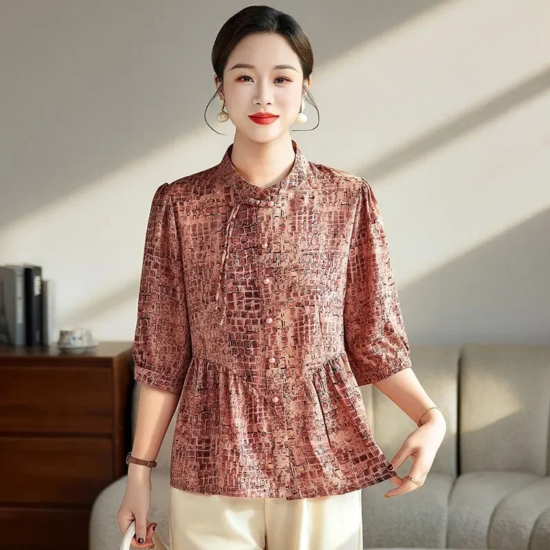 

Womens Middle Aged Plaid Print Blouse 3/4 Sleeve Elegant Casual Cool Tops