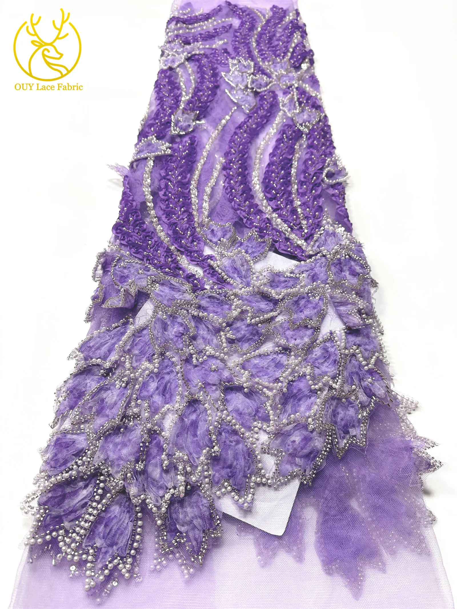 Französischer Luxus 3D-bestickter Perlen-Spitzenstoff, 5 Yards, eleganter afrikanischer nigerianischer Pailletten-Spitzenstoff für Damen, Hochzeits- und Partykleid – Detail 15