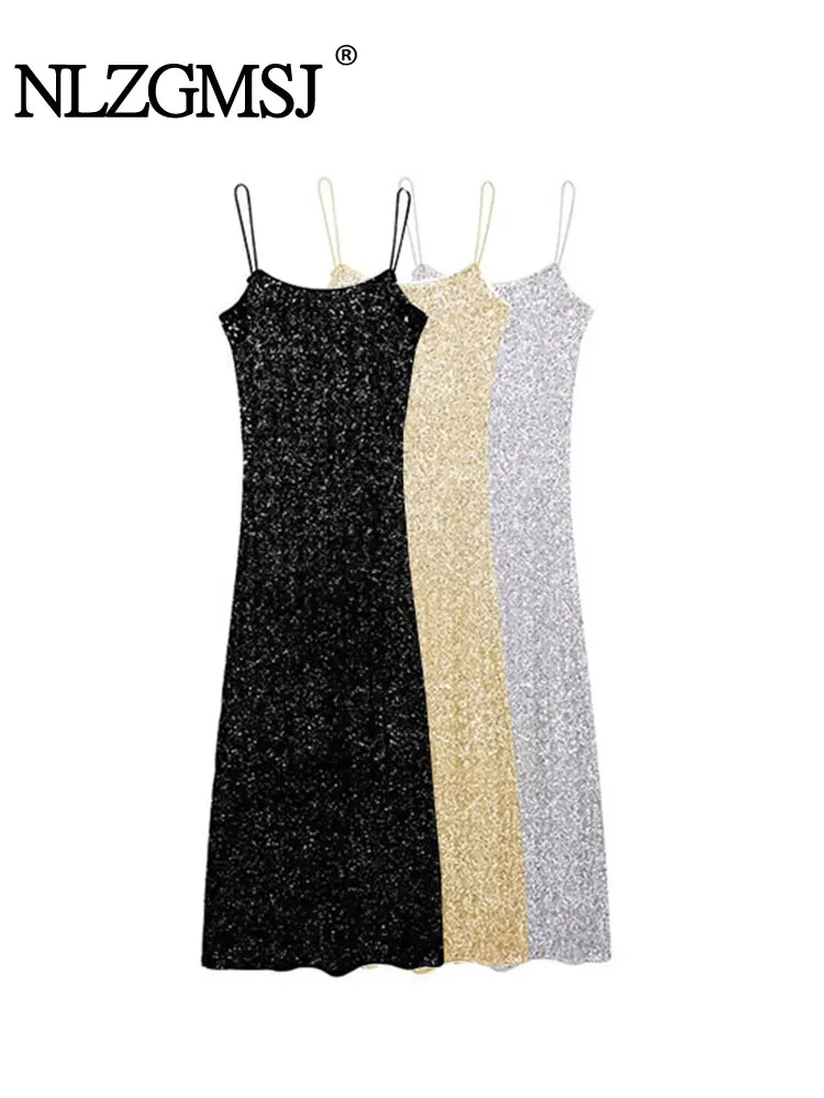 Nlzgmsj TRAF 2024 Women Dress New Beaded Lingerie Style Slim Fitting Midi Sleeveless Strap Dress Woman Female Dress