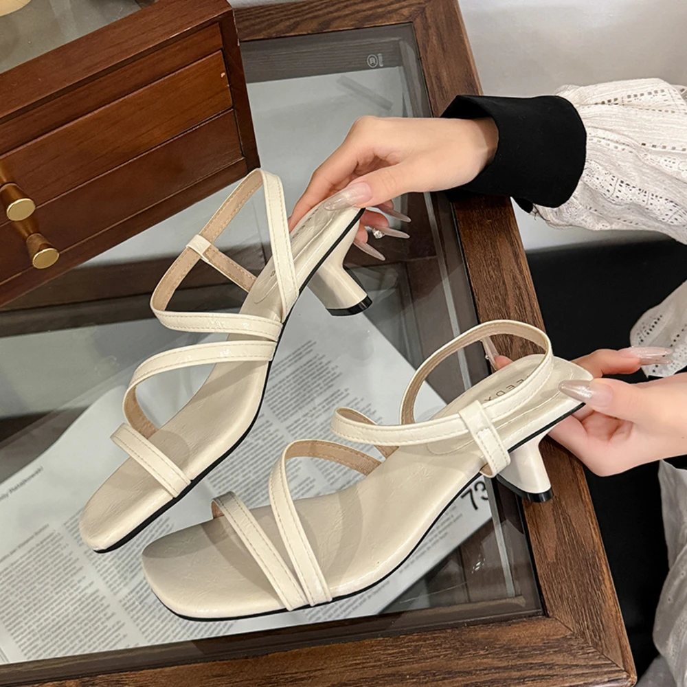 

Women's Minimalist Crisscross Strap Heel Sandals, Square Toe Kitten Heel Ankle Strap Shoes for Casual & Office