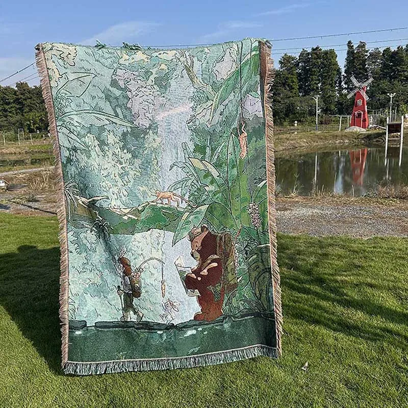 

Cartoon Bear Forest Adventure Woven Throw Blanket Sofa Couch Blanket with Tassel Soft Cozy for Home Decor Art Tapestry Gift