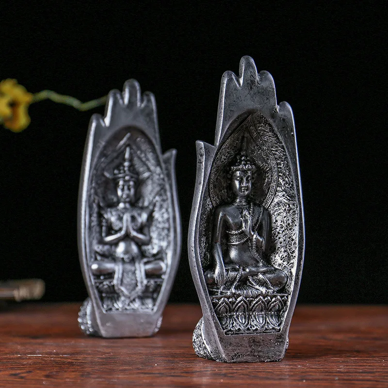 Retro Art Zen Buddhist Hand Chinese Palm Buddha Statue, Resin Home Decoration for Living Room