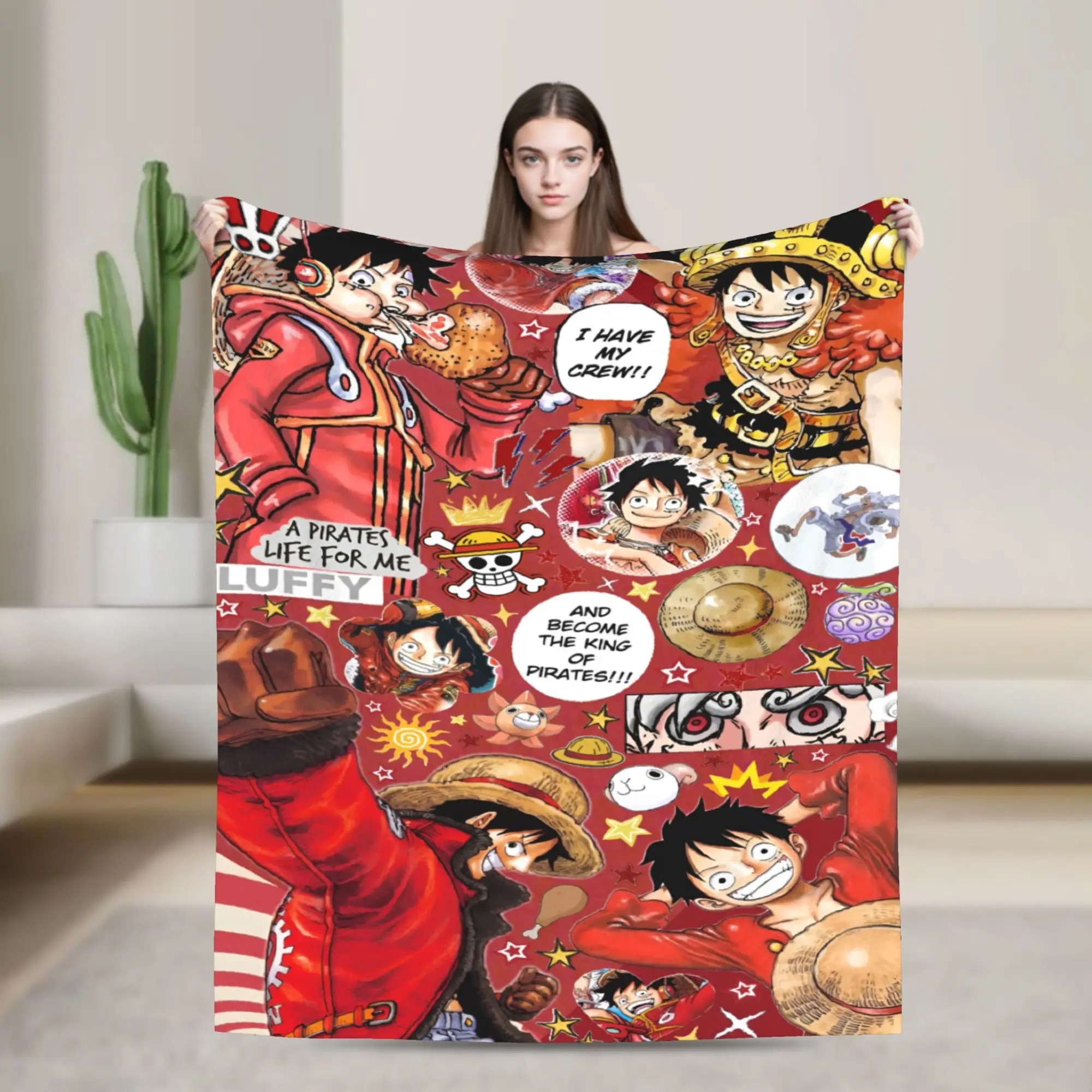 Custom Sofa Fleece Anime Luffy Comic Throw Blanket Warm Flannel Comic Blankets for Bed Office Couch Quilt
