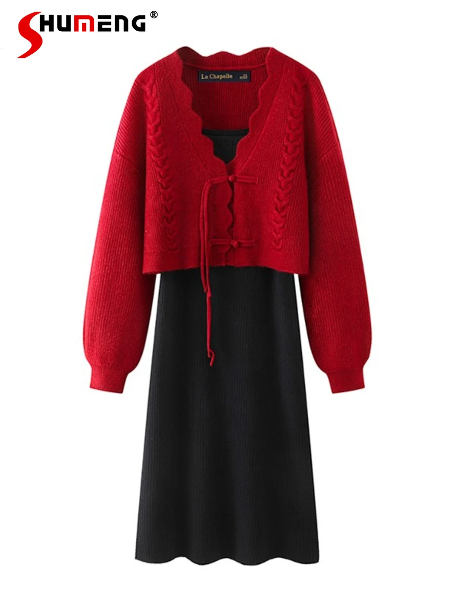 

2024 Spring New Chinese Style Fashion Red Cardigan V-neck Long Sleeve Top Black Suspender Skirt Dress Set Women's Knited Dresses