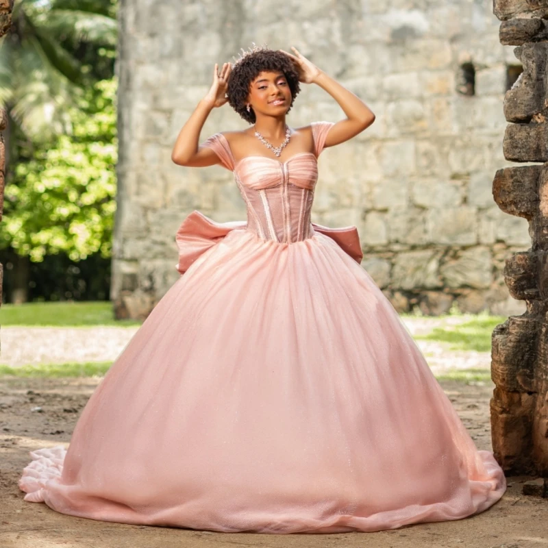 

Pink Shiny Ball Gown Quinceanera Dresses 2026 Beading Crystal Bow Tull Corset Off Shoulder Sweet 16 Dress Vestidos De 15 Anos