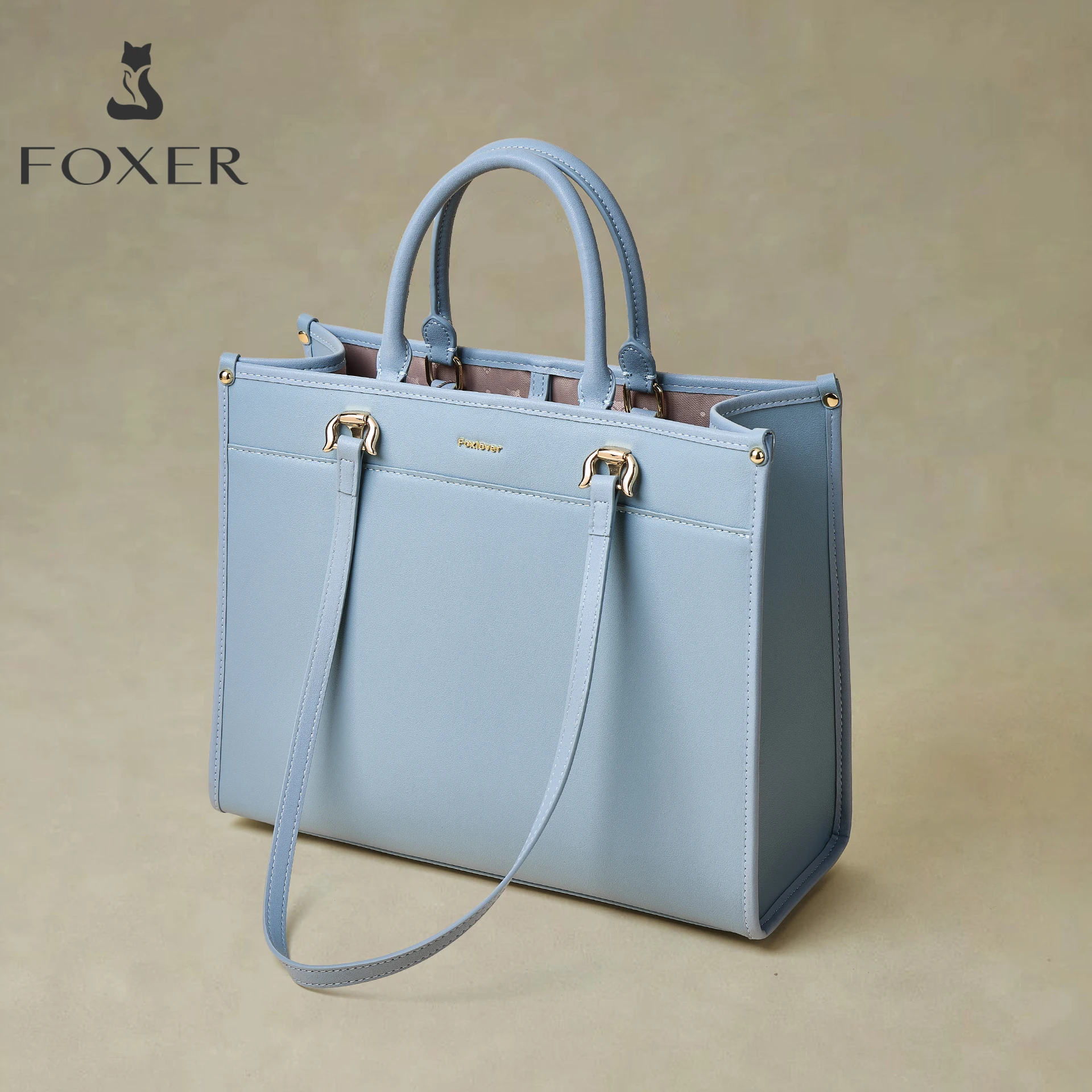 FOXER Genuine Leather Handbag Women's Large Capacity Laptop Shoulder Composite Bag Lady Commuter Simple Business Briefcase Tote