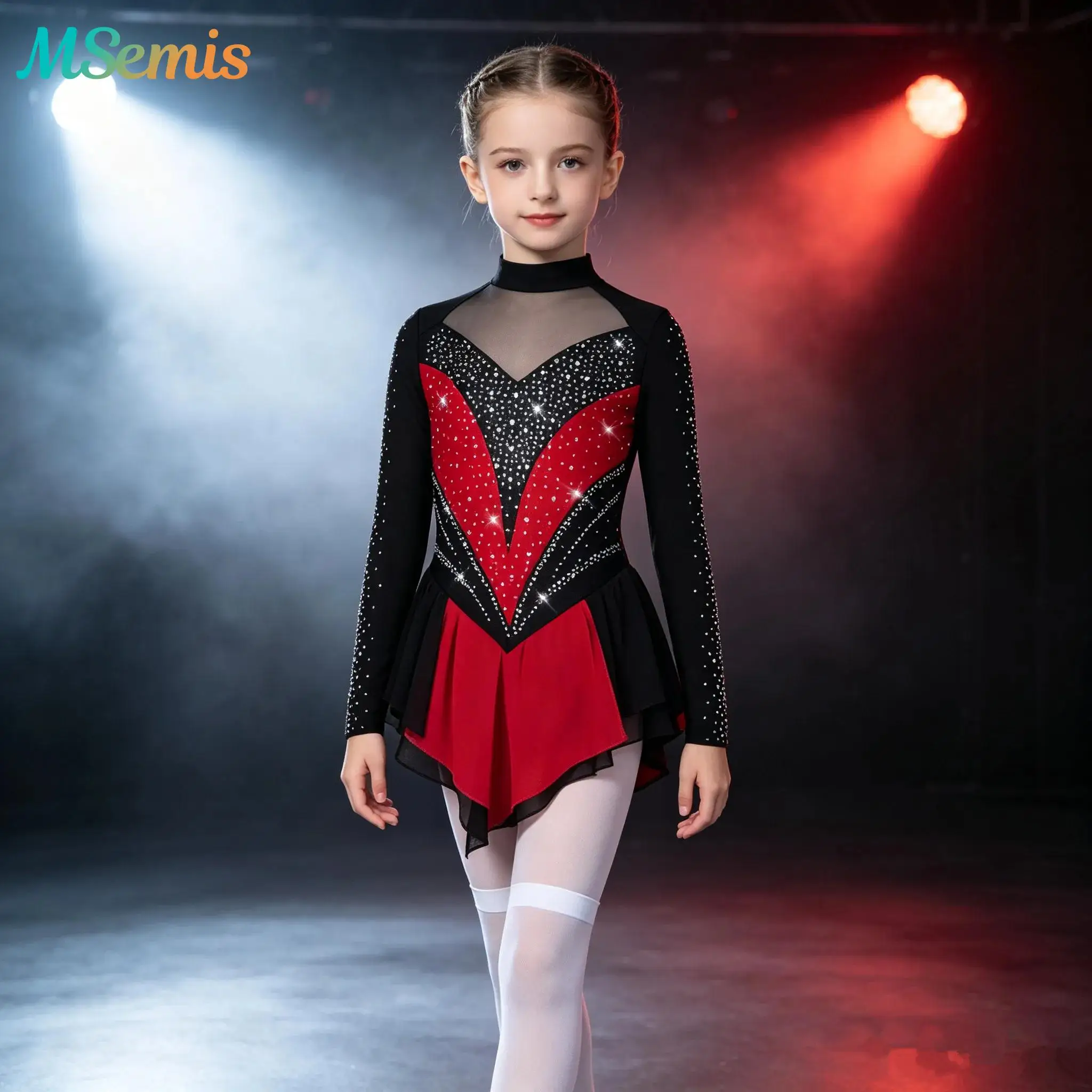 Kids Girls Shiny Rhinestone Gymnastics Figure Skating Ballet Lyrical Dance Dress Mesh Splice Irregular Hem Competition Dancewear