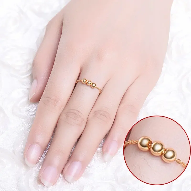 18K Yellow Gold Ring, Women AU750 Real Gold Luck 3pcs Polish Bead with Rolo Chain Ring Fine Jewelry for Girlfriend Birthday Gift