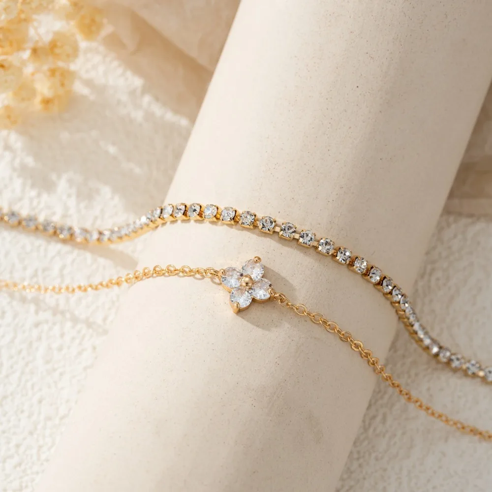 2pcs Set Simple Fashion Shining Rhinestone Chain Zircon Flower Fold Wear Bracelets for Women Stainless Steel Jewelry Sets Gifts