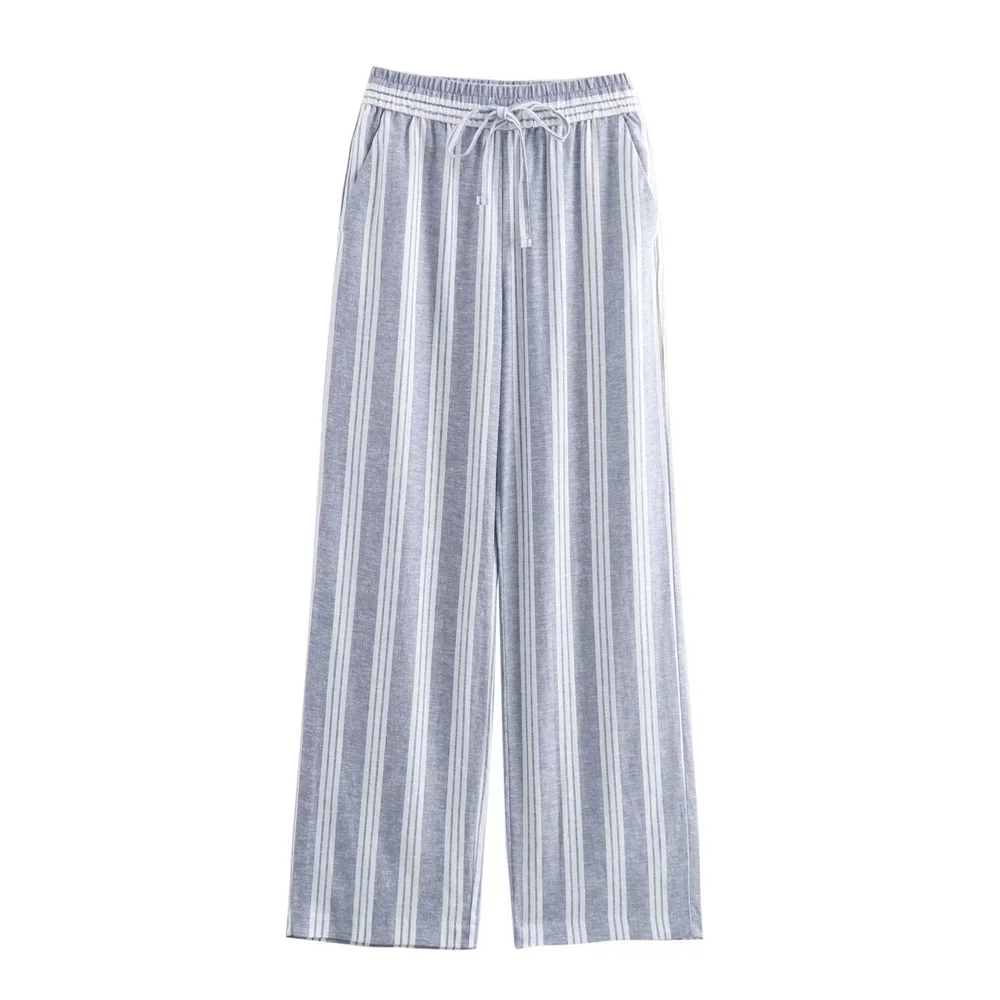 PB&ZA2024 Summer New Women\'s Fashion temperament casual loose and versatile linen blend striped printed straight leg pants