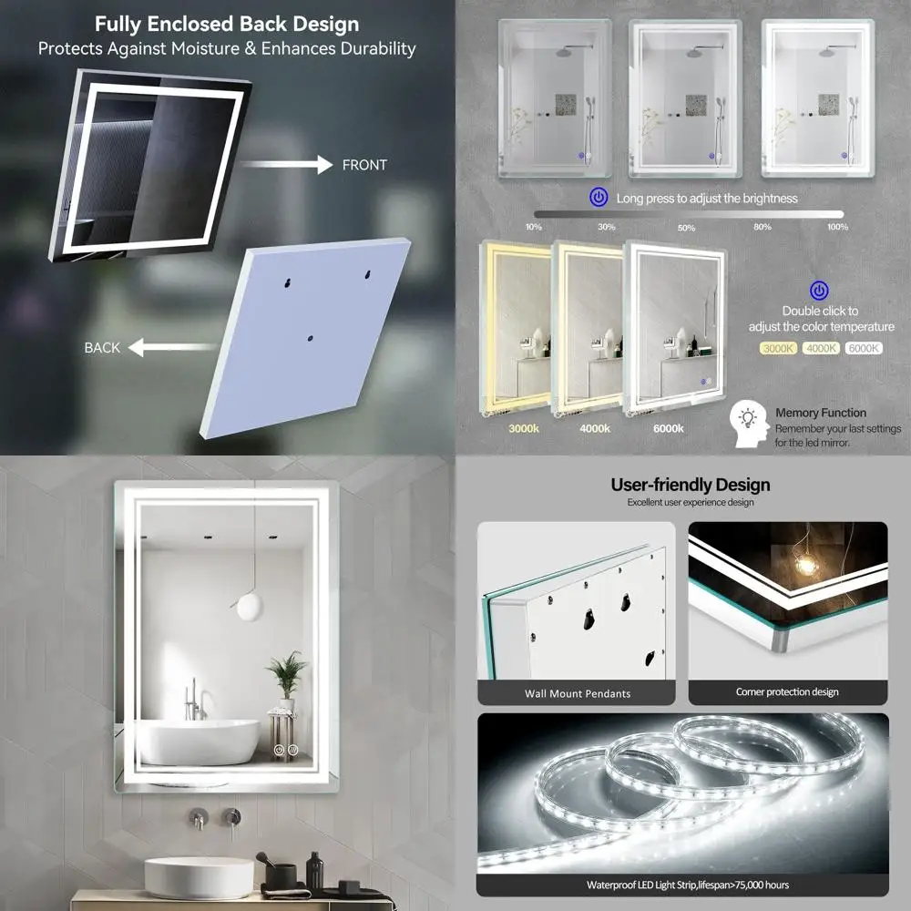 

Dimmable LED-Illuminated 28x20 Inch Bathroom Mirror with Anti-Fog, Smart Control, Adjustable Lighting for Vanity Decor