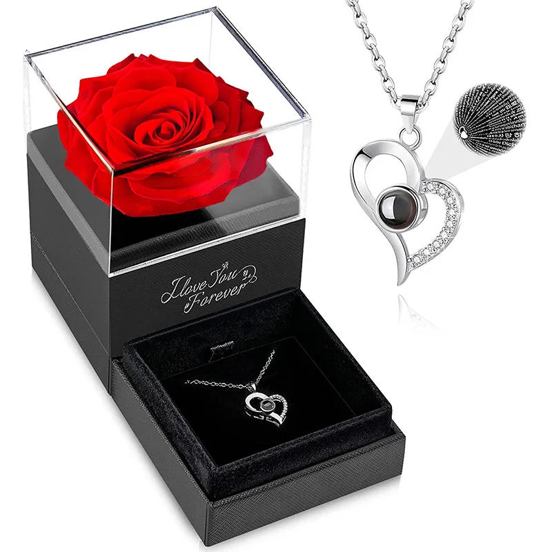 Preserved Real Rose with I Love You Necklace in 100 Languages Birthday Gifts for Women Mom Wife Girlfriend Grandma Romantic Gift