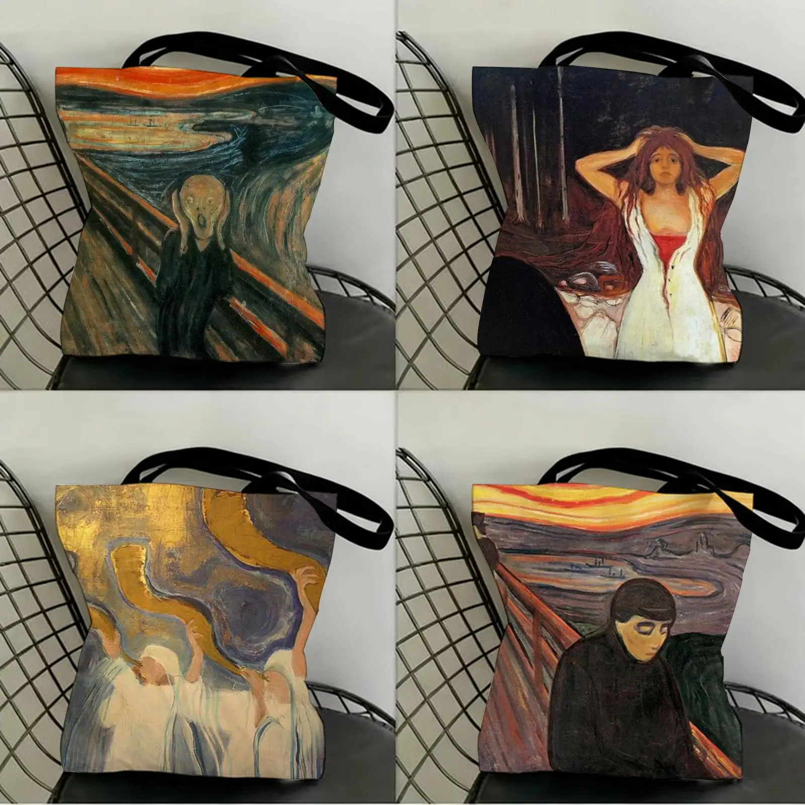 

E-Edvard M-Munch Anxiety Storage Bags Canvas Double-Sided Print Fashion Shoulder Tote Shopping Bag Gift Eco Handbags