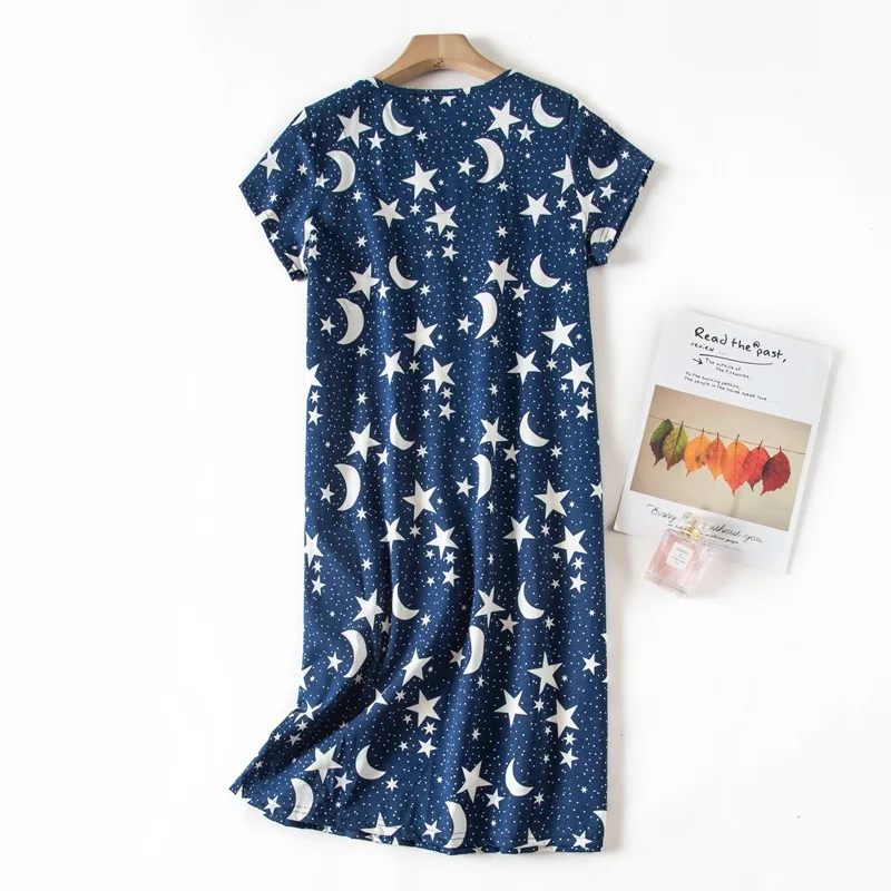 Sexy Nightwear Women with Star Moon Pattern Cotton Loungewear Round Neck Laides Sleepwear Girl Pajamas Dress Nightgown Big Size