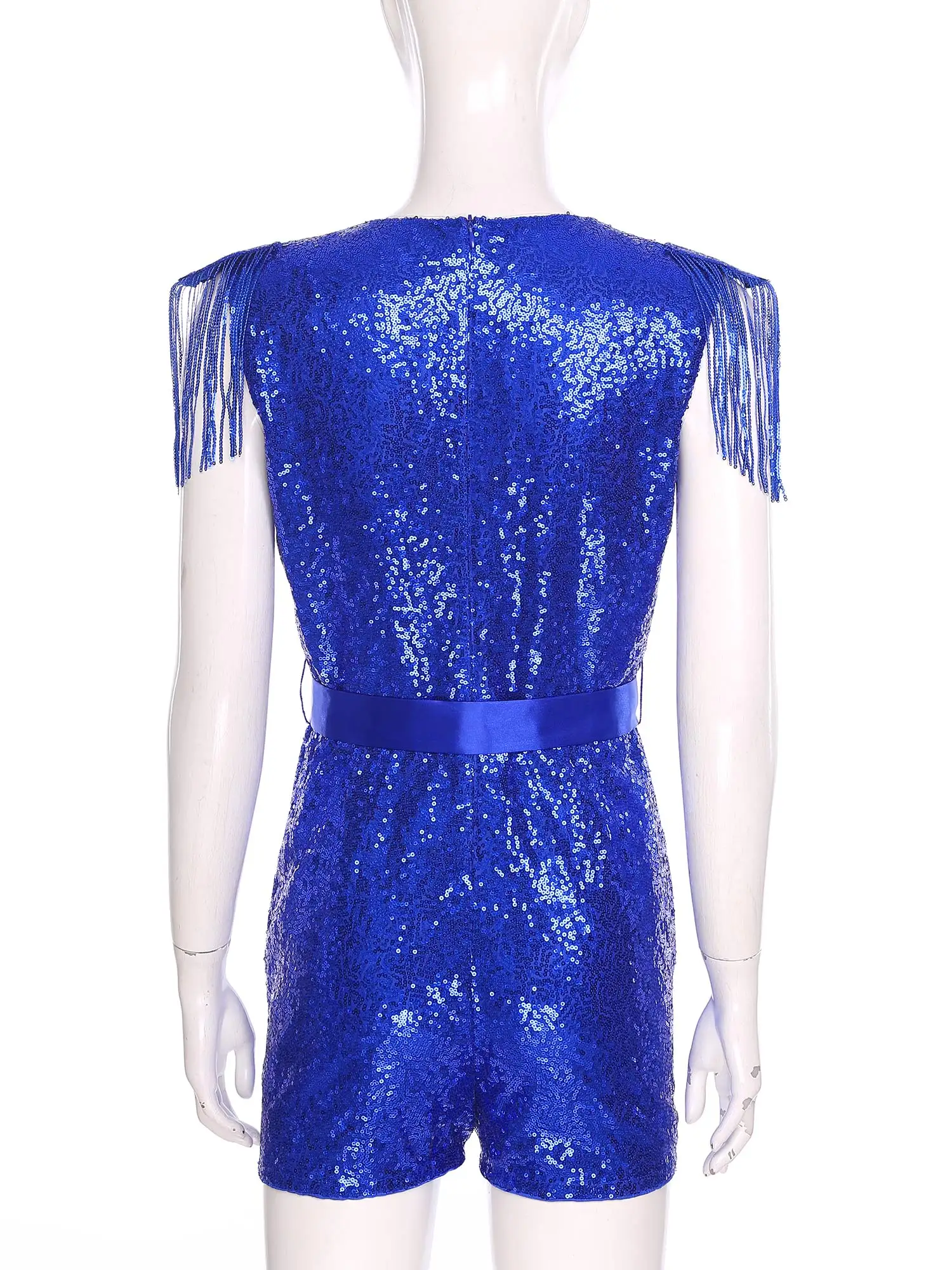 Barboteuse à franges à paillettes brillantes pour femmes, combinaison sans manches, col en V profond, longueur aux cuisses, avec ceinture réglable, pour Banquet, fête de mariage