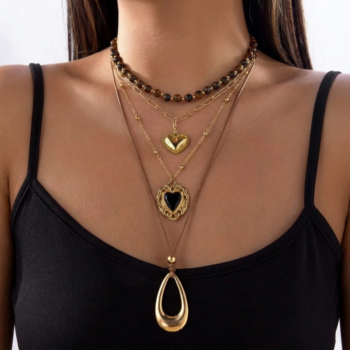 Retro Natürlicher Tigerauge-Stein Herz Hohler Wassertropfen Anhänger Halskette für Frauen Männer Mehrschichtige Tropfenform Stapelbare Choker-Schmuckstücke – Detail 24