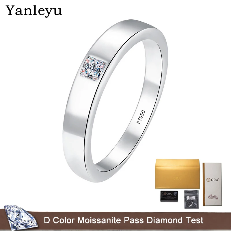 Yanleyu Simple Style 3*3mm Square Mossainte Couple Rings for Women Men Real PT950 Platinum Wedding Band Engagement Jewelry Gift