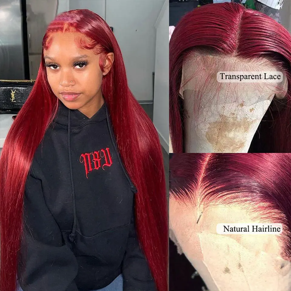 

Transparent Lace Frontal Wigs Cosplay 13x4 Dark Purple Long Straight Brazilian Colored Human Hair Wig For Women Wear And Go