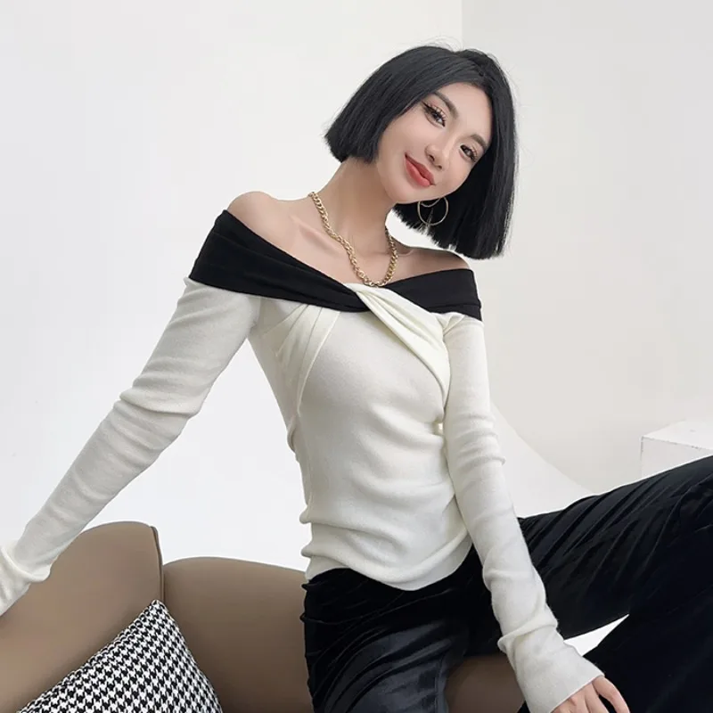 Pullovers Women French Style Slash Neck Panelled Elegant Slim Long Sleeve Sweater Y2k Irregular Knitwear Designs All-match New