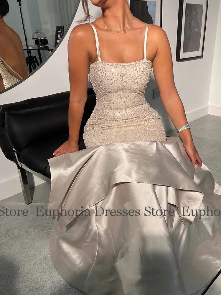 فساتين لحفلات الكوكتيل الفاخرة 2025 الساتان حورية البحر/البوق فستان المشاهير الشمبانيا ساحة الرقبة اللؤلؤ شال المتدرج Ruched فساتين لحضور الحفلات الموسيقية #6