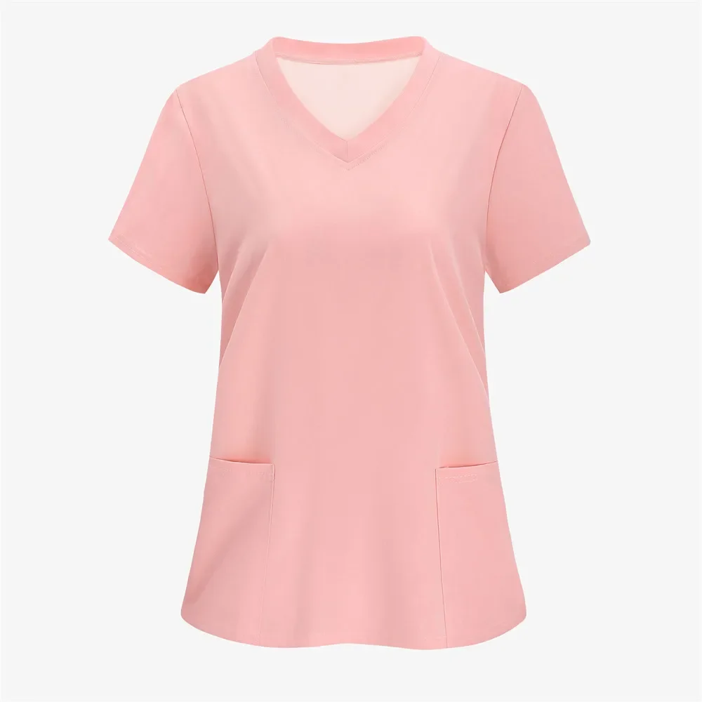 Сплошные цветные женские футболки, медицинская униформа для кормления, эластичная футболка с v-образным вырезом и короткими рукавами, топы с карманами, женская одежда