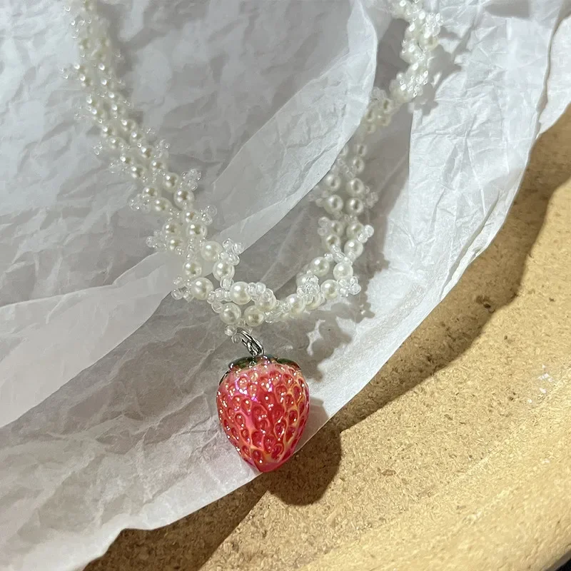 Nowa moda Vintage Cute Handmade Romantic Pearl Strawberry Wisiorek Naszyjnik Dla Kobiet Y2K Estetyczna Biżuteria Charms Akcesoria