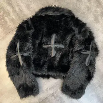 Image 2024 Winter Women Jacket Lapel Long Sleeve Patch PU Cross Fur Cotton Coat