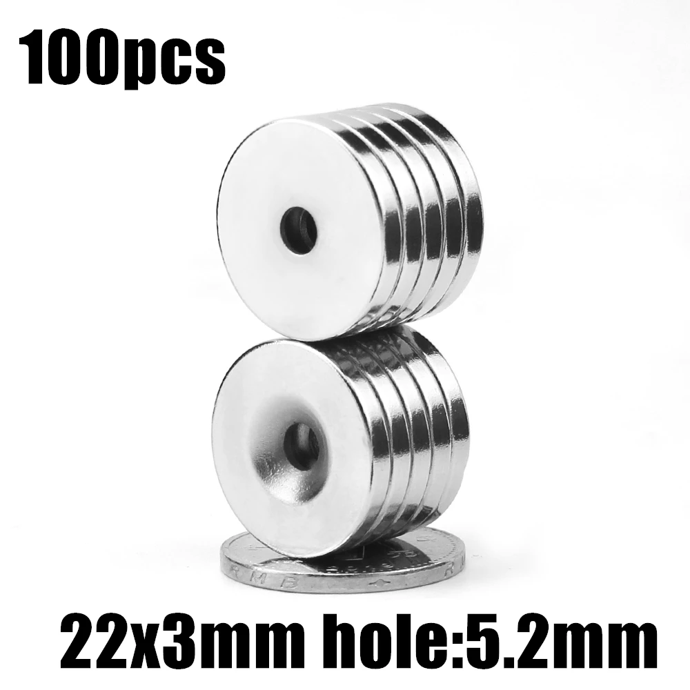 

100pcs 22x3mm Hole: 5.2mm super Strong Round Neodymium Countersunk Ring Magnets Rare Earth N35