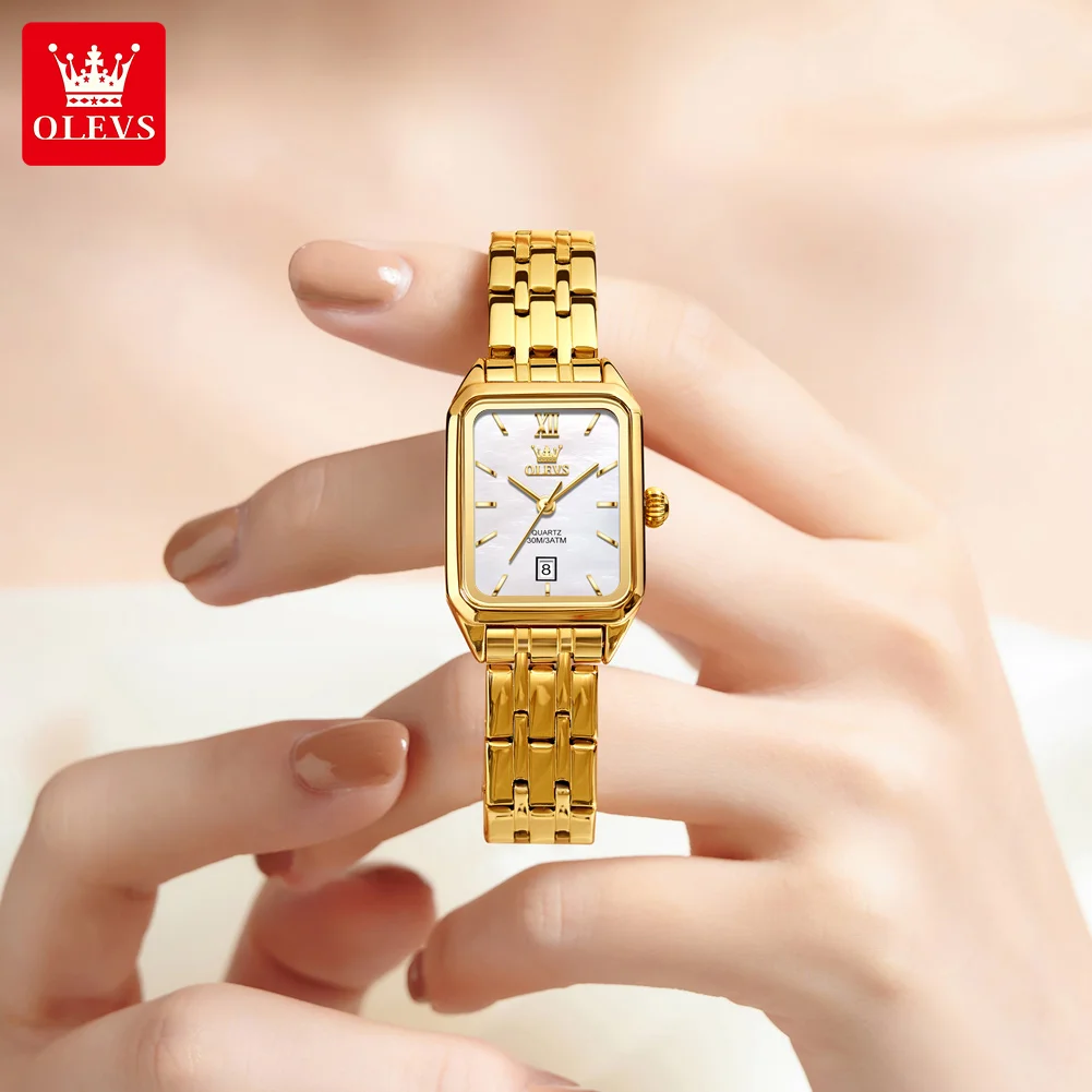 OLEVS 5616 New Quartz Watch for Women Fashion Elegant Square Golden Watch Calendar Waterproof Stainless Steel Ladies Wristwatch