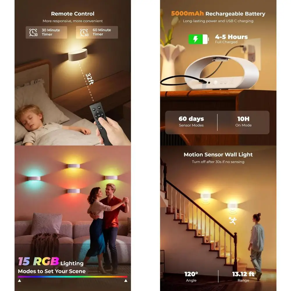 

Motion Sensor Wall Light, 5000mAh Rechargeable Battery Operated Motion Sensor Light Indoor with Remote, RGB and 3 Colors Dimmabl
