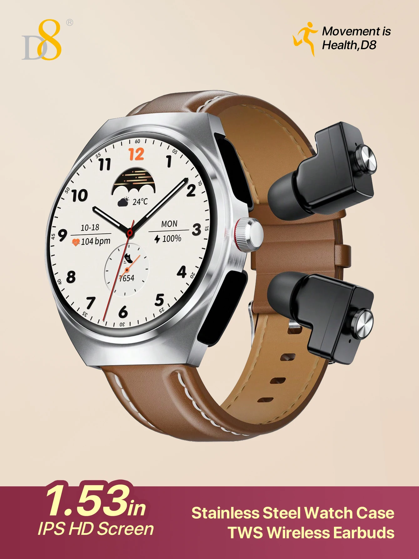 

Смарт-часы с беспроводными наушниками D8 TWS, встроенная гарнитура (отверждения/производство звонков), большой дисплей с высоким разрешением 1,53 дюйма, IP67