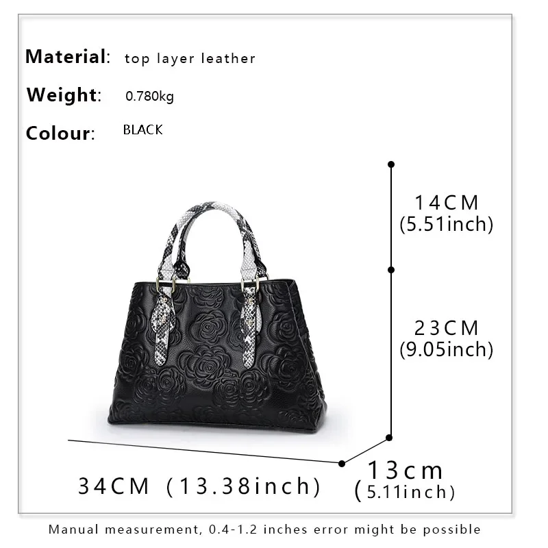 Aidrani Genuine leather women\'s handbag,Flower pattern, black cowhide large bag