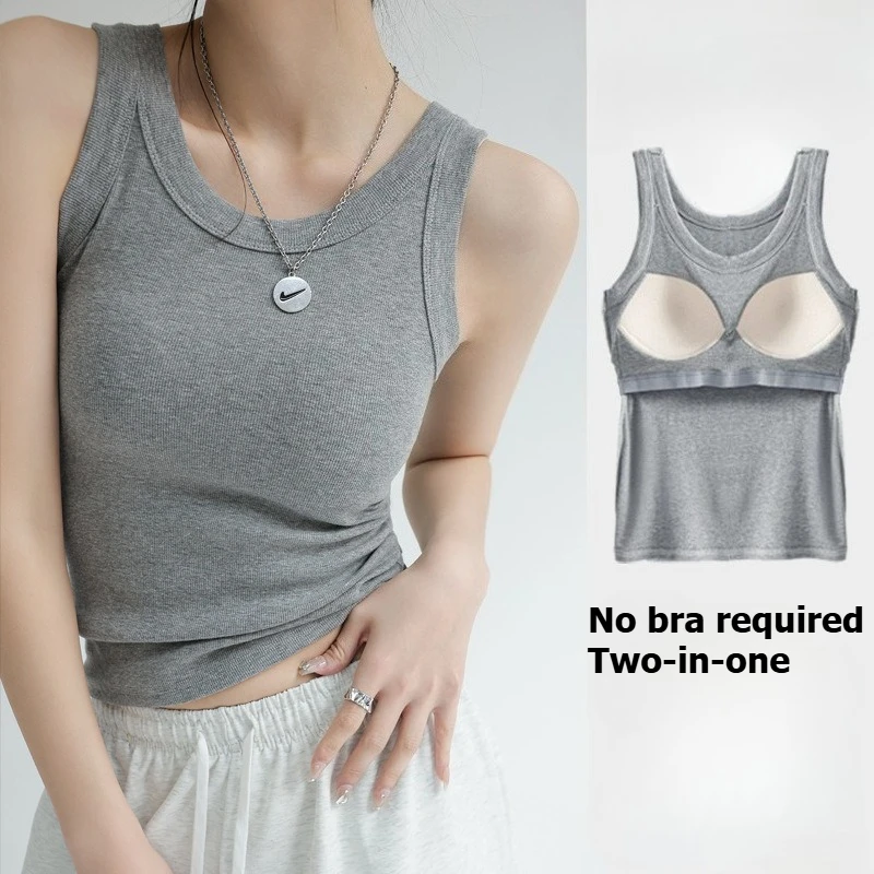 All-in-One Ribbed Camisole Women Crew Neck Built-in Bra Support Sleeveless Top for Casual Daily Wear Y2k Korean Fashion Clothing