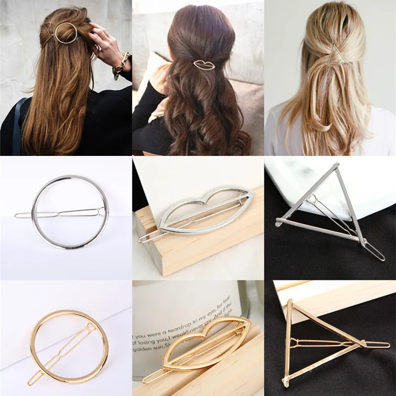 Fashion Women Girls Hairpins Gold/Silver Color Triangle Lips Circle Hair Clips Hairpin Barrette Wedding Party Hair Accessories